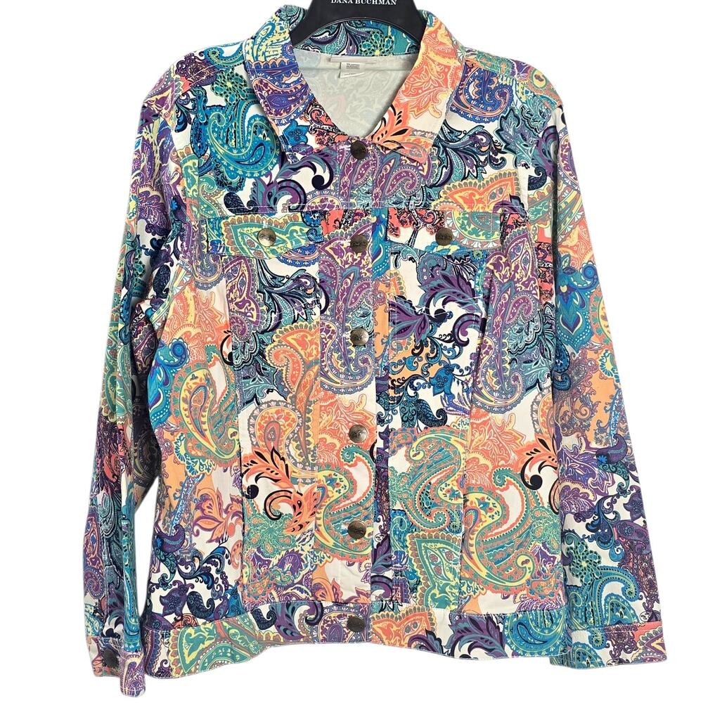Bend Over Womens 18W Denim Canvas Jacket Button Up Paisley Artsy Hippie Dopamine